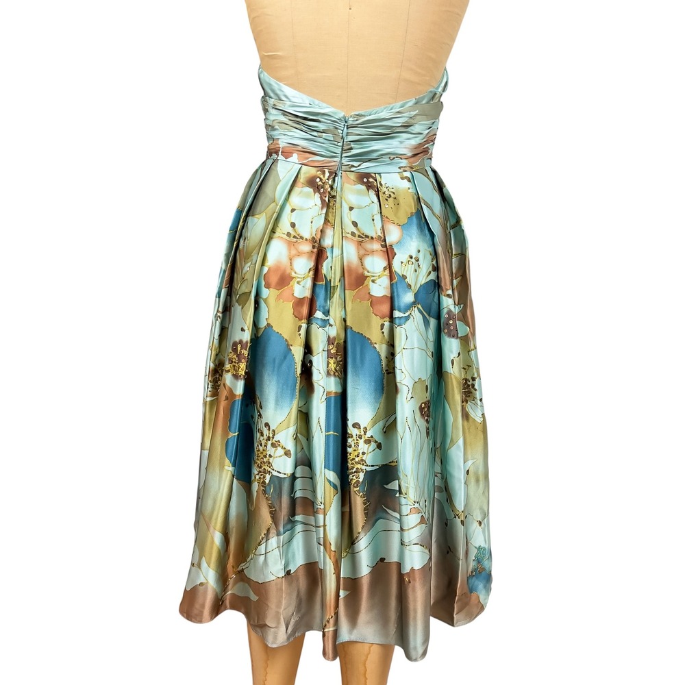 Y2K Teal Silk Floral Sequin Halter Midi A Line Dress Flowy Pleats Formal Size 8 - Picture 2 of 11
